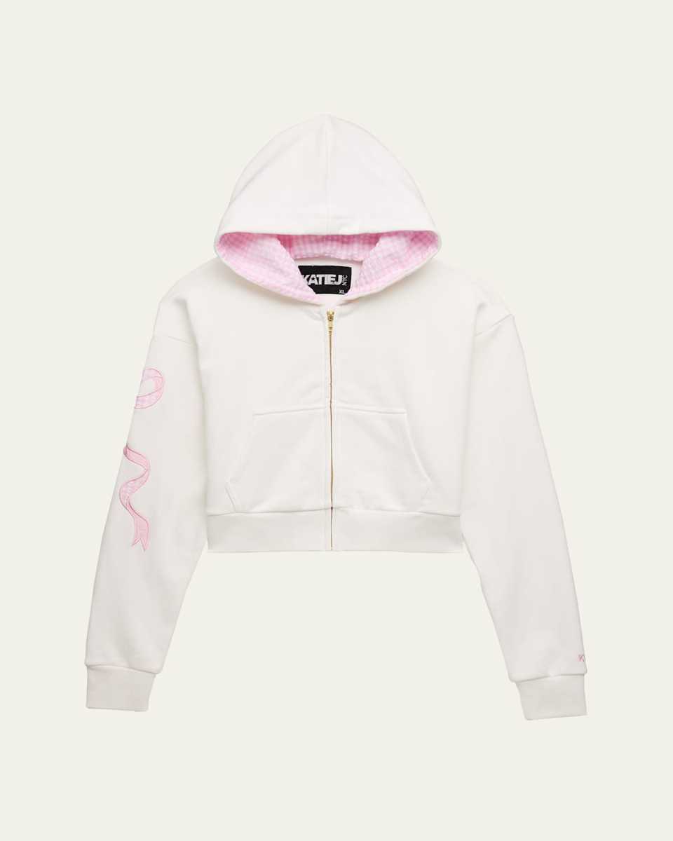 Girl's Dylan Cropped Hoodie W/ Coquette Bow Applique, Size S-XL